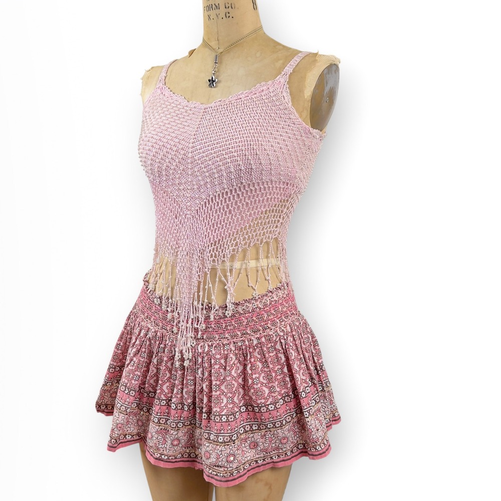 Y2K Beaded Crochet Halter Top Pink Fringe Hem Faux Pearl Coquette Fairy Sz S